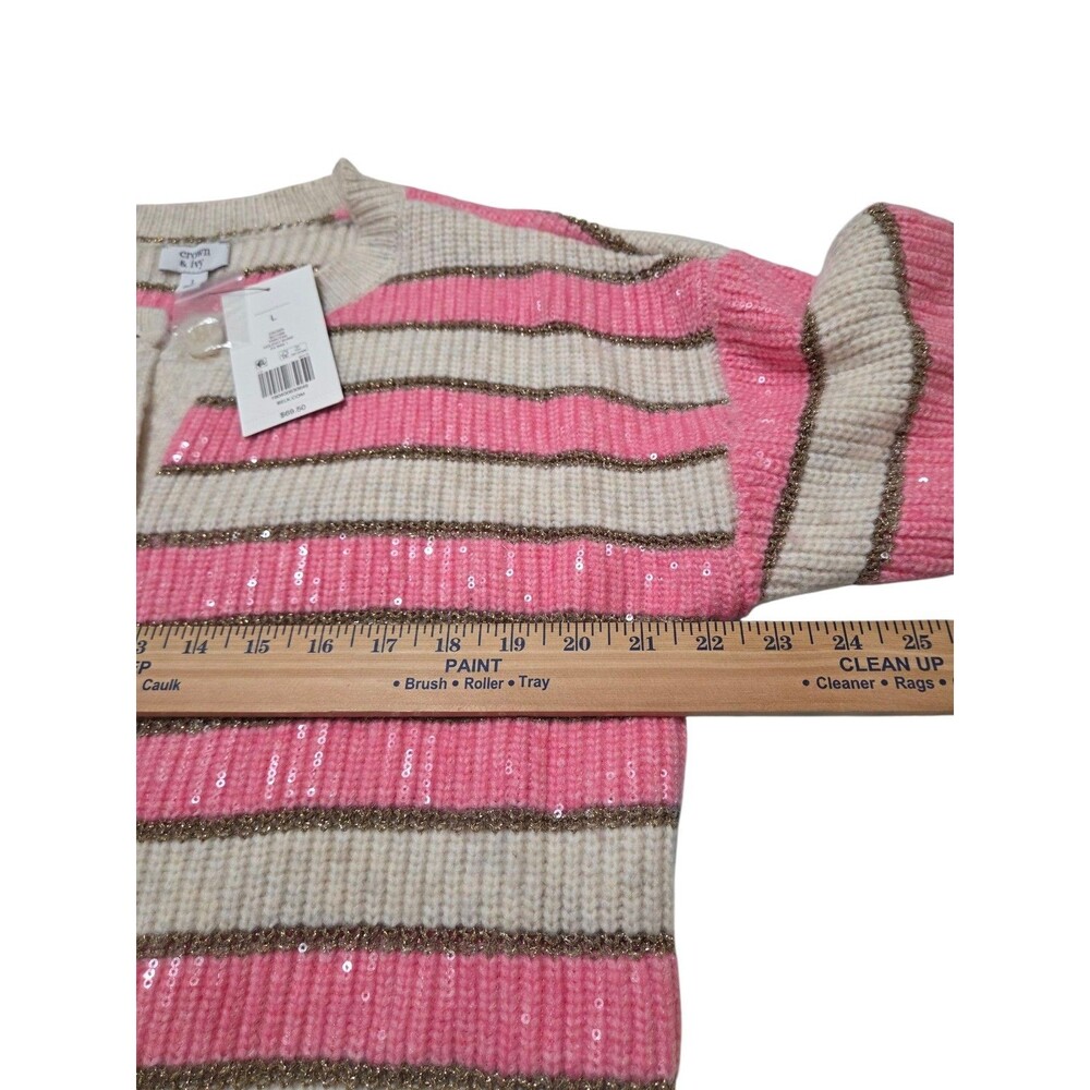 Crown & Ivy Women's Stripe Shine Sequin Cardigan Large Pink Tan Gold NWT S.1 - Picture 5 of 9
